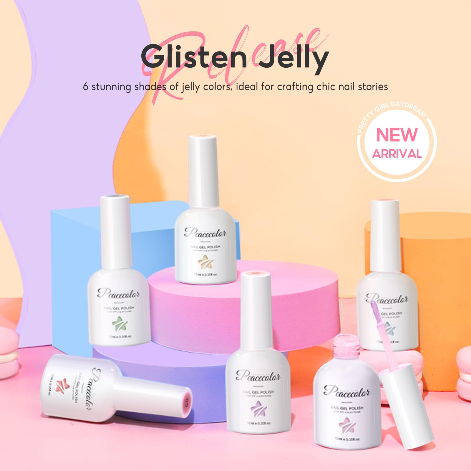 PEACECOLOR Lakier hybrydowy UV - 6 kolorów Jelly Gel Nail Polish Żółty Zielony Niebieski Różowy Fioletowy, Przezroczysty Lakier hybrydowy UV Stylizacja paznokci Manicure