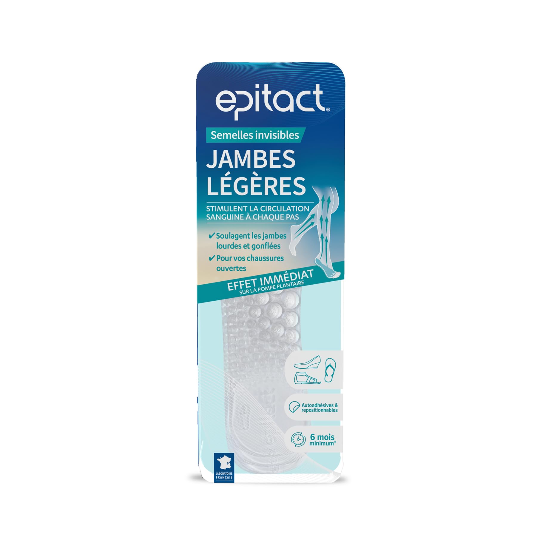 EPITACT | Semelles Invisibles Jambes Légères | Pour les Chaussures Ouvertes (Sandales, Tongs…) | Auto-Adhésives & Repositionnables | Soulagent les Jambes Lourdes, Gonflées (M (39-41))