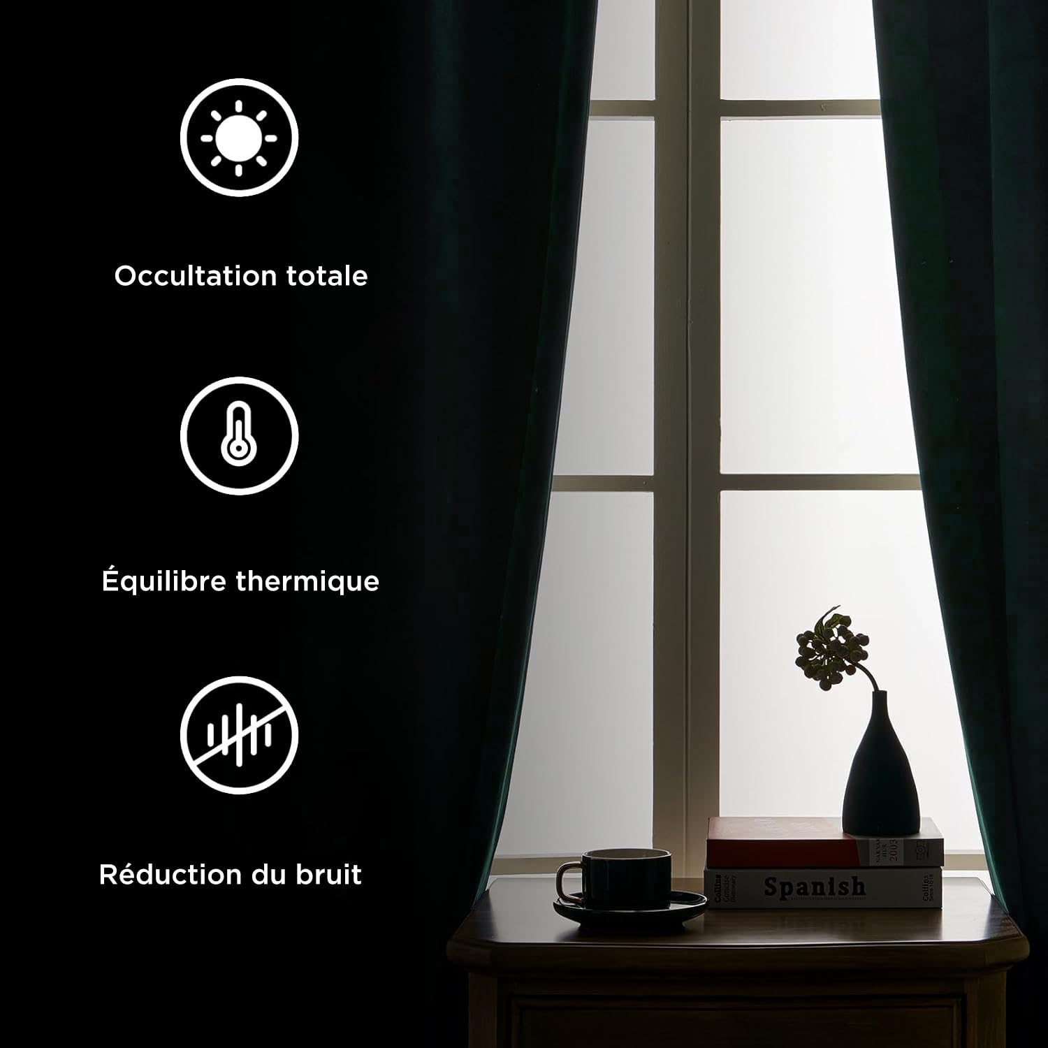 Joydeco Rideau Velours Vert Foncé avec Galon Fronceur 132x245 CM 2 Pièces pour Rail et Passe Tringle, Rideau Occultant Thermique Anti Froid avec Revêtement 100% Anti-Lumineux, Épais Lourd 330g/m²