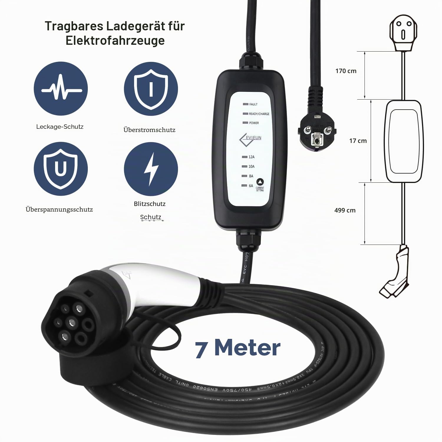 EV Ladekabel für Elektrofahrzeug Tragbares Zuhause Schnell EVSE ladegerät Kompatibel mit Allen Steckern für Elektroautos IEC 62196-2 Typ 2 16A/3.6KW Schuko 2-polig