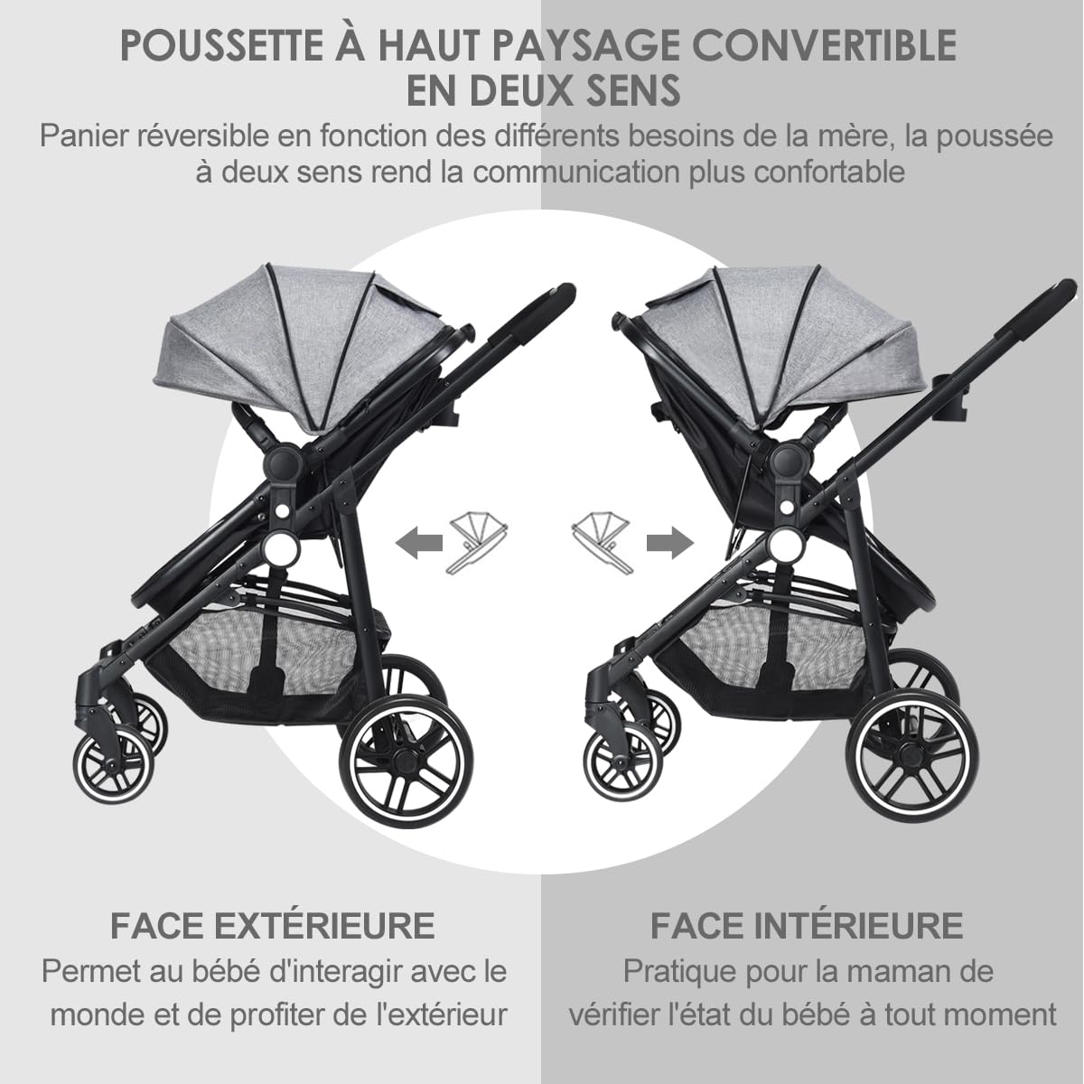 COSTWAY Poussette Canne Bébé Pliable 0-3 Ans avec Siège Réversible, Poussette Haute Paysage avec Auvent & Dossier Réglable, Frein à Pied, Harnais à 5 Points, Porte-gobelet, Charge 15kg(Gris)