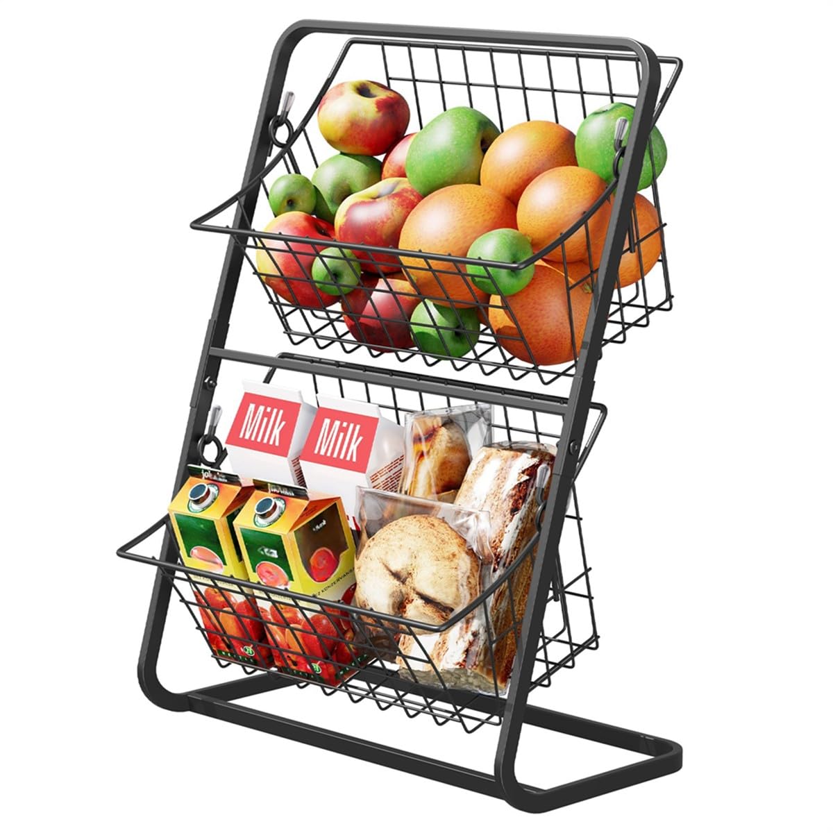 Canasta de frutas y verduras de metal de 2 niveles, organizador de encimera de cocina con gran apertura para exhibición de aperitivos de despensa, blanco, 14.5 x 11 x 6 pulgadas
