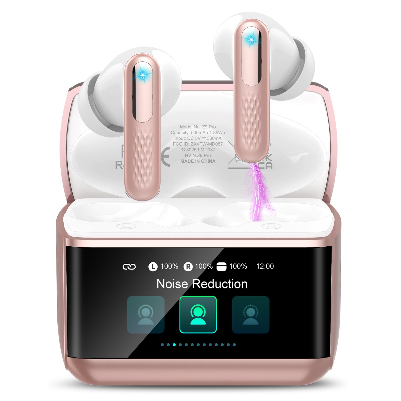 ZYHKON Écouteurs sans Fil avec écran Tactile Intelligent, Bluetooth 5.4 avec Micro, étanchéité IP7, Rose