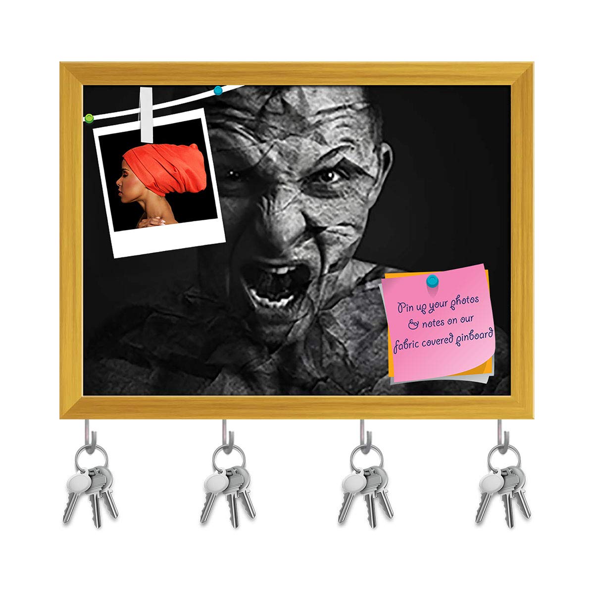ArtzFolio Man with Angry Expression Key Holder Hooks | Notice Pin Board Soft Board | Golden Frame 16.1 x 12 Inch