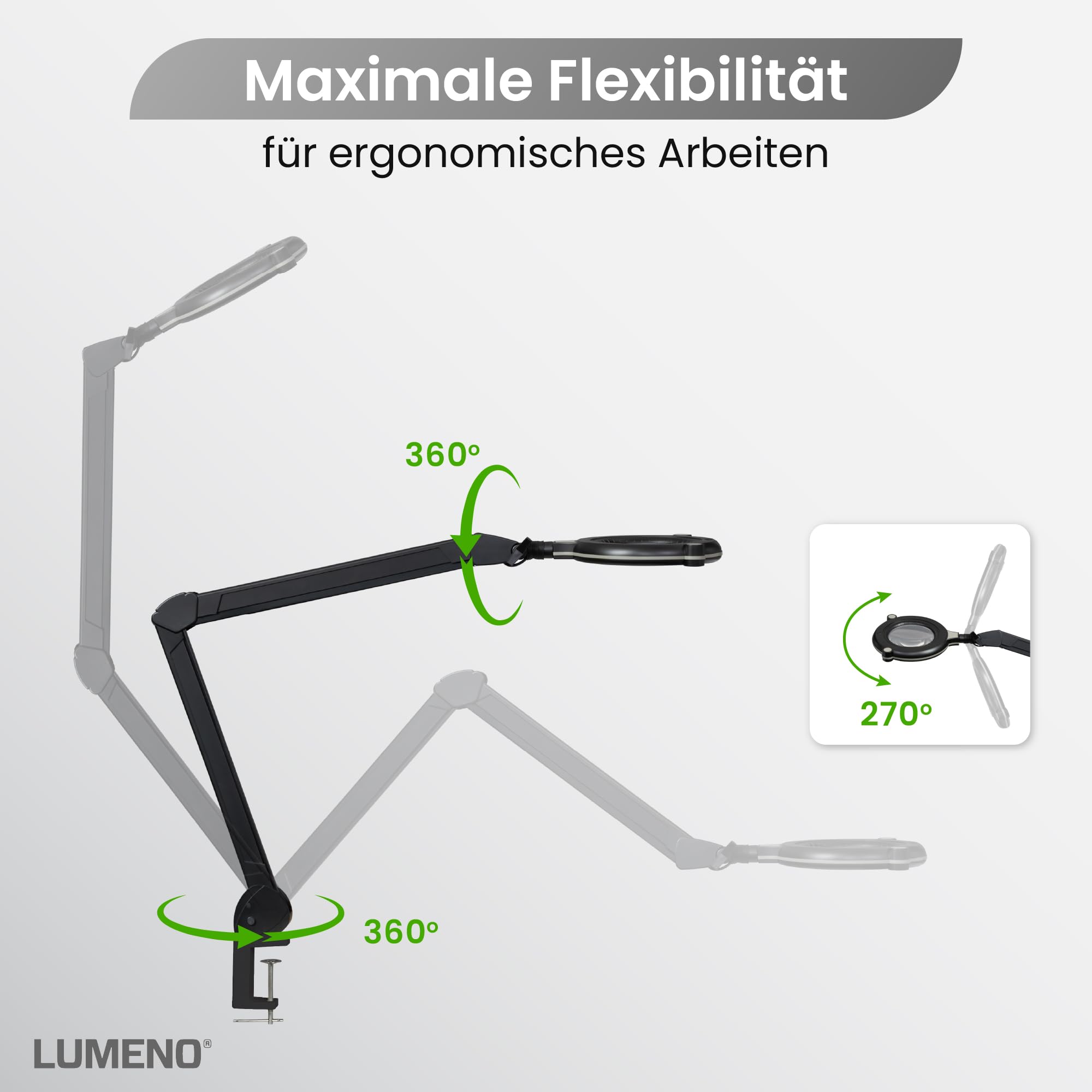 Lumeno 7313SW LED Lupenleuchte - Profi-Lupenlampe mit 3 Dioptrien und hohem CRI von 95 - Ideal für Praxen, Kosmetikstudios, Industrie - Perfekte Farbwiedergabe für Präzisionsarbeiten, Schwarz
