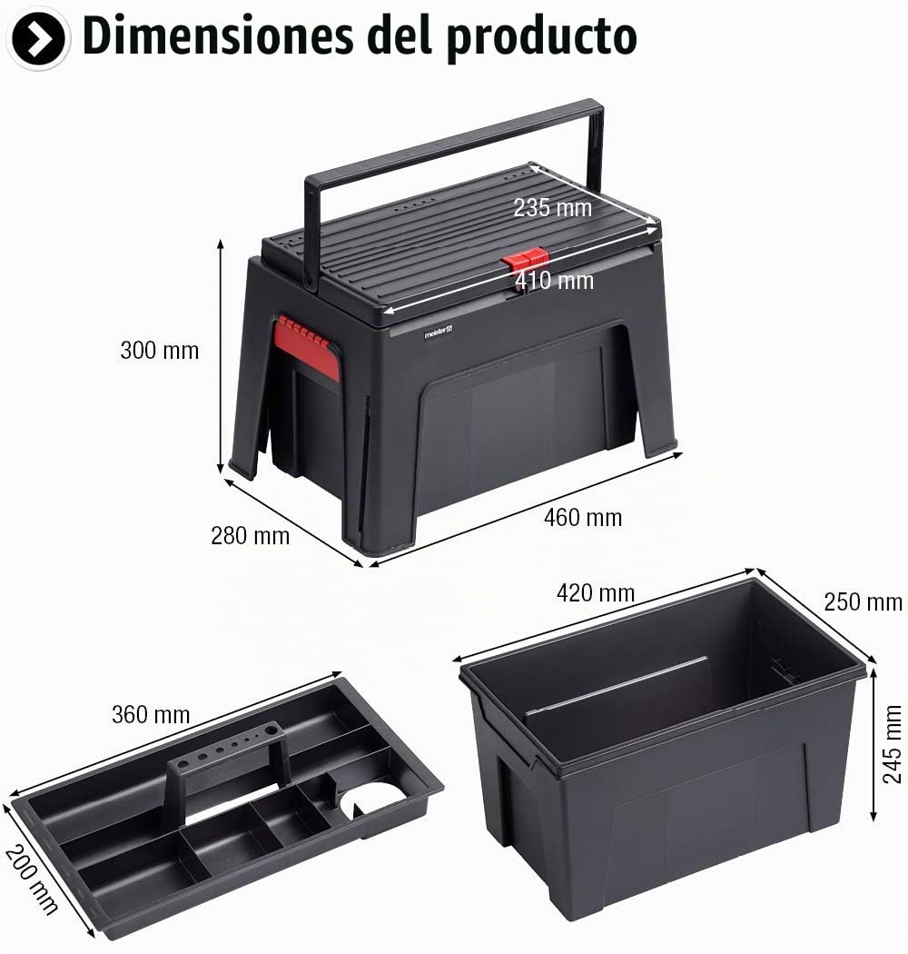 Meister Taburete 3 en 1 – 460 x 280 x 300 mm – con caja de herramientas y bandeja para herramientas – Capacidad de carga de 150 kg – De polipropileno estable/Caja de herramientas/Caja de