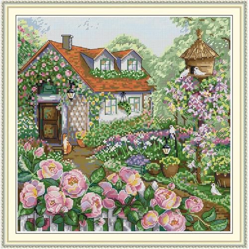 Image of JOYSEWING Garden Bungalow Stamped Kits Cross Stitch Kits Beginners Embroidery 11CT Needlepoint Kits Counted Patterns Embroidery DIY Home Decoration- (The Rose Cottage (Printed)) 18.9x18.9 inch