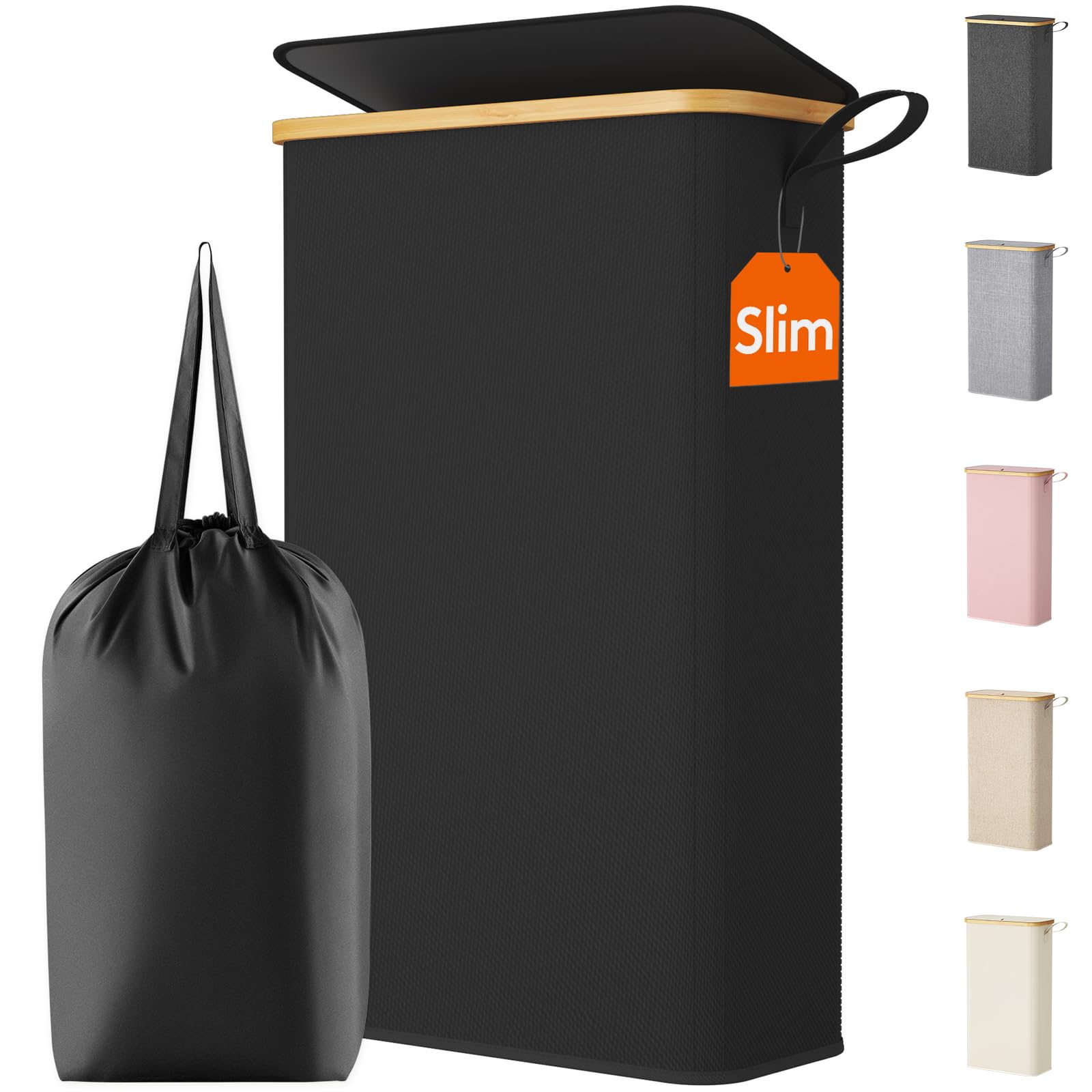 Lifewit 65L Slim Laundry Basket with Lid, Narrow Laundry Bin with Removable Bag & Bamboo Handles, Foldable Thin Dirty Clothes Hamper for Laundry, Bathroom, Bedroom, Dorm (Black)