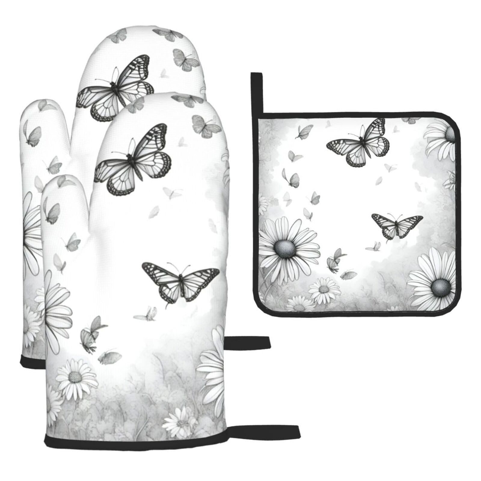 Butterfly Daisy Print Oven Mitts Kitchen Gloves Set Everyday Baking Grilling Microwaving Cooking Gift