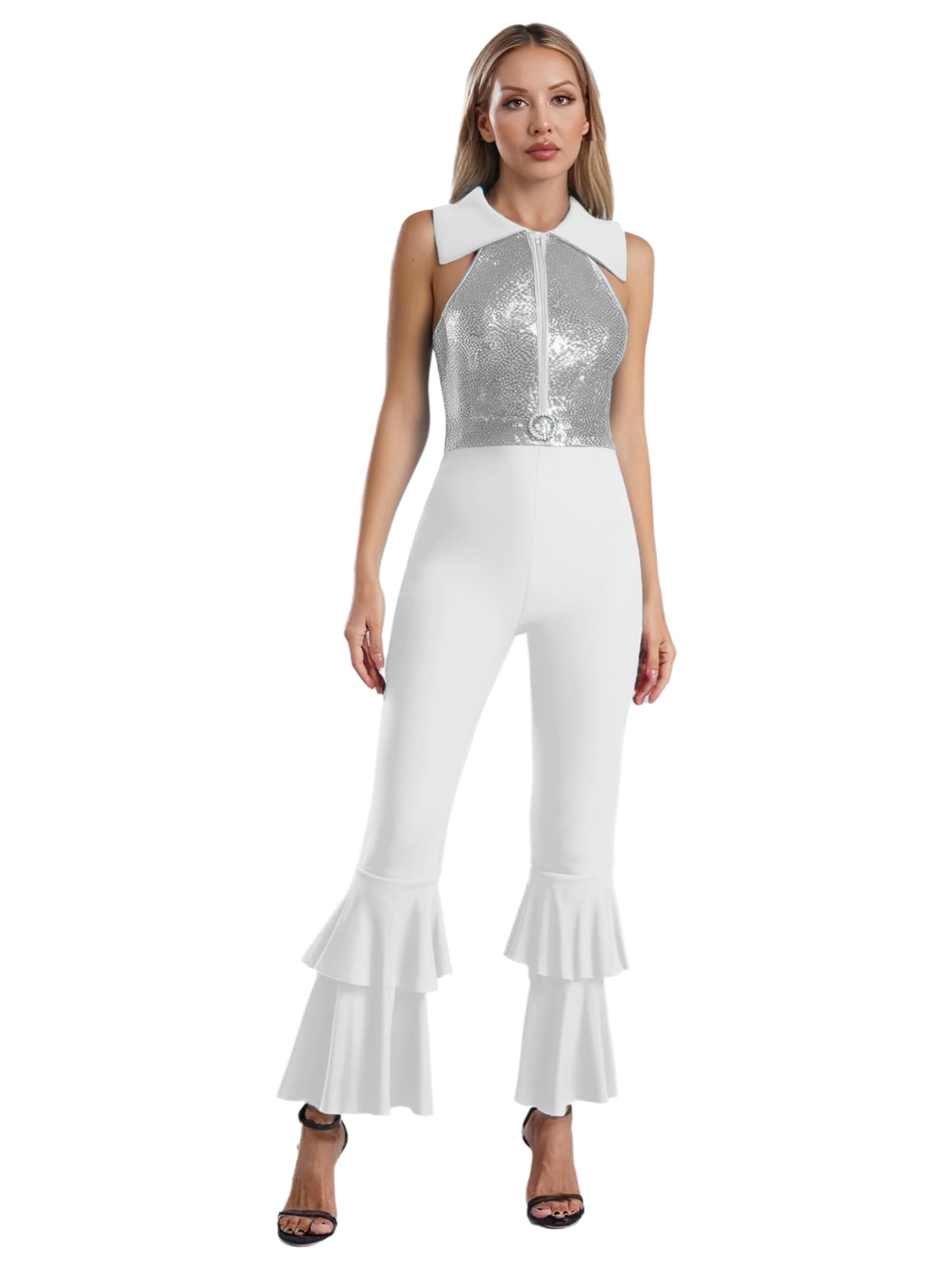 Hedmy Mono Lentejuelas de Baile para Mujer sin Manga de Enterizo Acampanado con Cremallera y Solapa Disfraz de Diva Disco Style para Fiesta Actuación S-4XL
