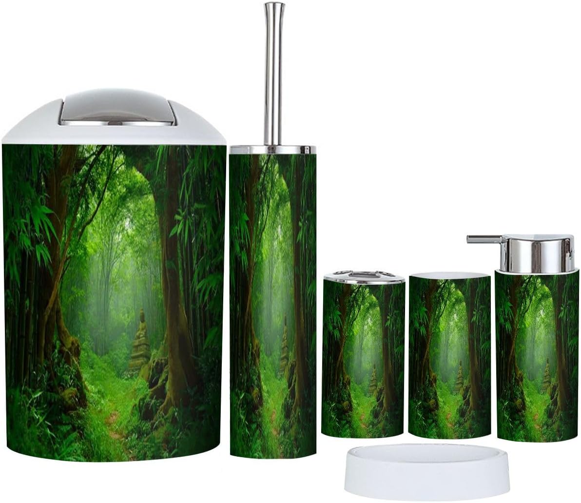 Bathroom Accessory Set 6 Piece Boho Tropical Jungle Trash Can, Toothbrush Holder, Soap Dispenser, Soap Dish, Toothbrush Cup, Toilet Brush Holder