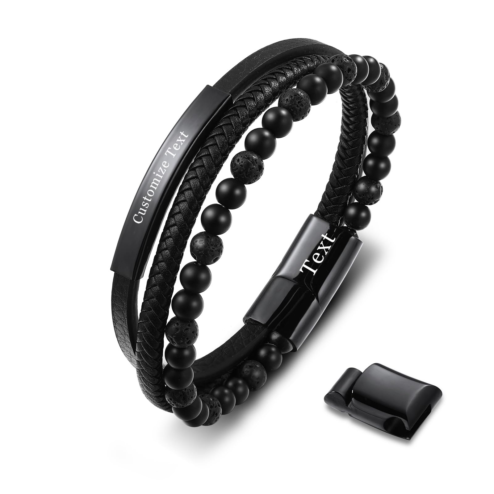 INBLUE Lava Roca Piedra Cuentas Cuero Pulseras con Acero Inoxidable Hebilla Ajustable Múltiples Capas Pulsera Volcánica Piedra Cuentas y Trenzado Cuero Pulsera Moda Joyería para Hombre