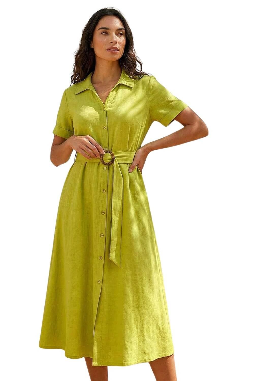 Roman Originals Women's Lime Roman Shirt Dress For Uk Short Sleeve Sleeveless Belted Collared Midi Maxi Summer Spring Smart Casual Button Evening Office A Line Swing Skater - Size 16