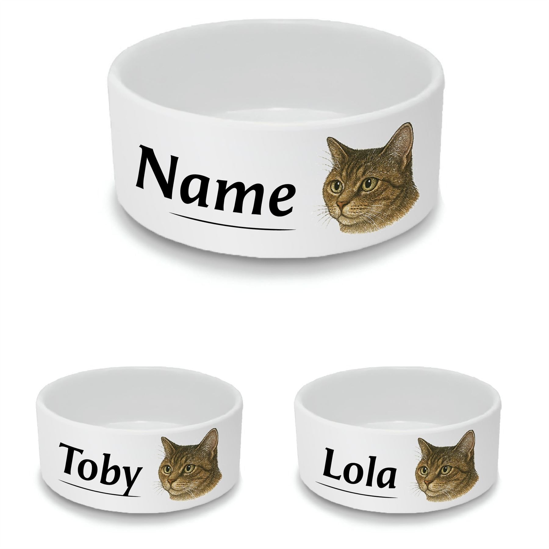 Personalised Ceramic Cat Bowl - Small White Pet Food Dish with Tabby Cat Design - Custom Name Cat Bowl 13cm Wide x 5.5cm Deep - Ideal for Small Cats — image 1
