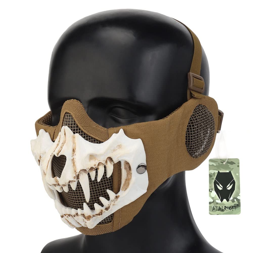 ATAIRSOFT Half Face Tactical Airsoft Skeleton Skull Mask w/ Two Layers for Hunting Masquerade Party Cosplay Props Halloween Tan