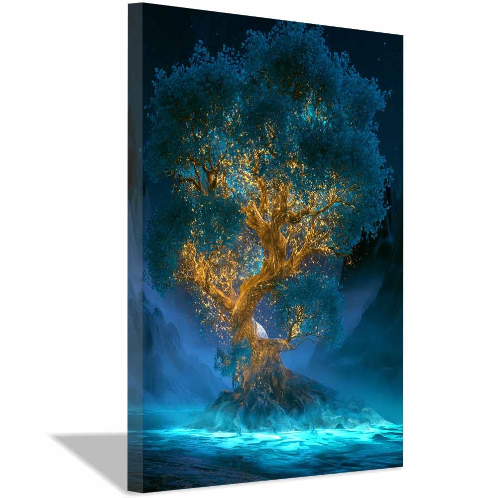HOQIU Tree Wall Art Teals gold tree artwork artwork, home canvas prints, for Bathroom Living Room Bedroom(Multicolor)-70x100cm Framed