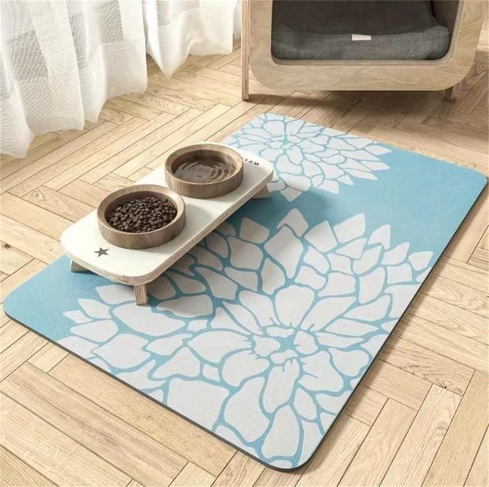 Hixingo Pet Food Mat for Cats Dogs Non Slip, Absorbent Quick Dry Pet Feeding Mat with Non-Slip Rubber Backed, Dog Cat Placemat Bowl Food and Water Bowl Matt (Chrysanthemum blue,60 * 90cm)