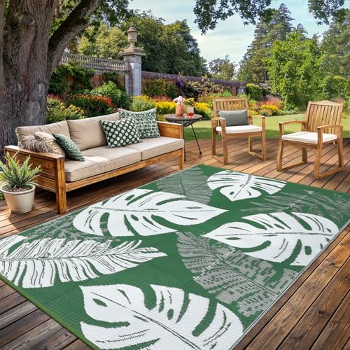 GarveeHome 9x12 Outdoor Patio Rug, Waterproof Reversible Plastic Straw Rug, Tropical Palm Leaves...