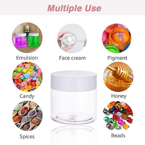 Miniatura 6 de Tarros de plástico redondos de 2 onzas con tapas blancas  Recipientes de muestra pequeños transparentes de 0.71 oz (juego de 48) para crema,