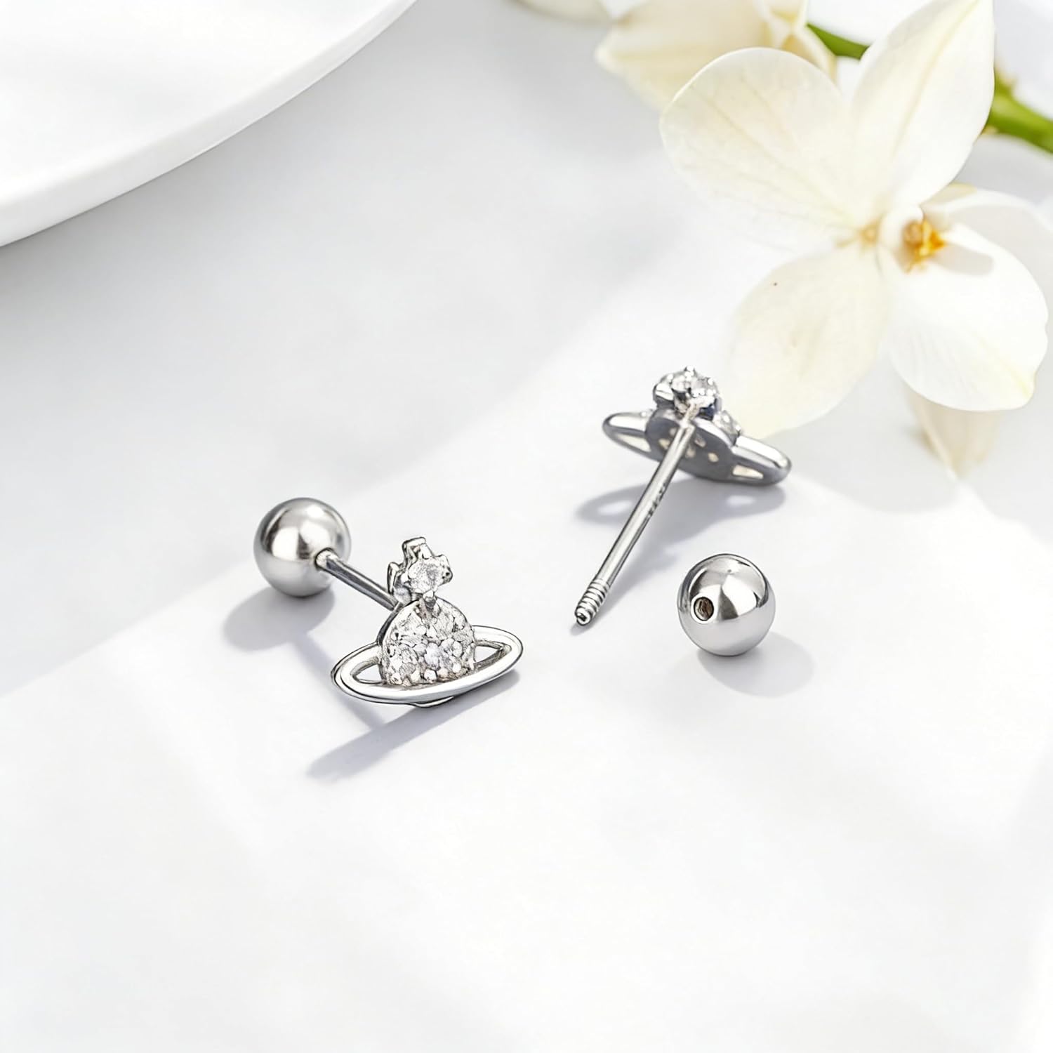 20G Tiny Cute Saturn Stud Earrings for Women Silver Plated Cubic Zirconia Planet Aesthetic Y2k Earring Small Ball Screw Back Studs Mini Cartilage Tragus Long Post Dainty Space Jewelry Gifts - Image 2