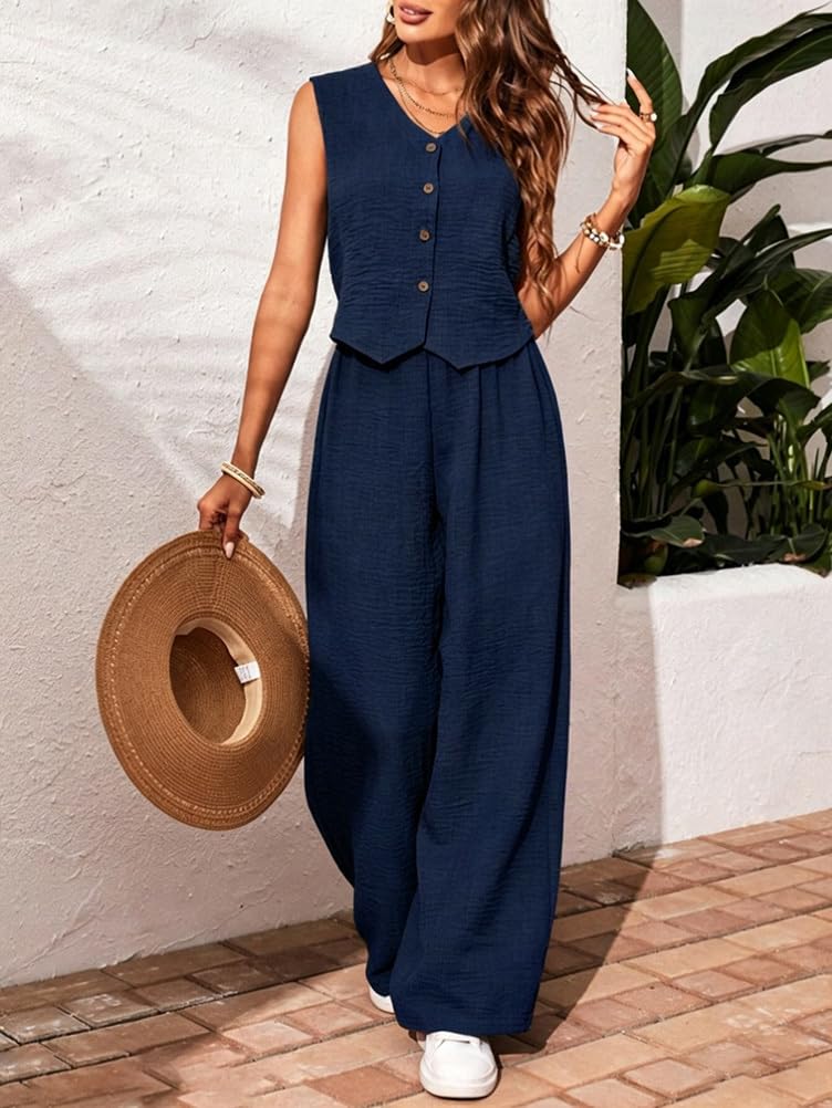 Tailleur Pantalone Donna Complete 2 Pezzi Gilet Top Senza Manica Scollo V Pantaloni Larghi a Vita Alta Completo Boho da Casuale Spiaggia