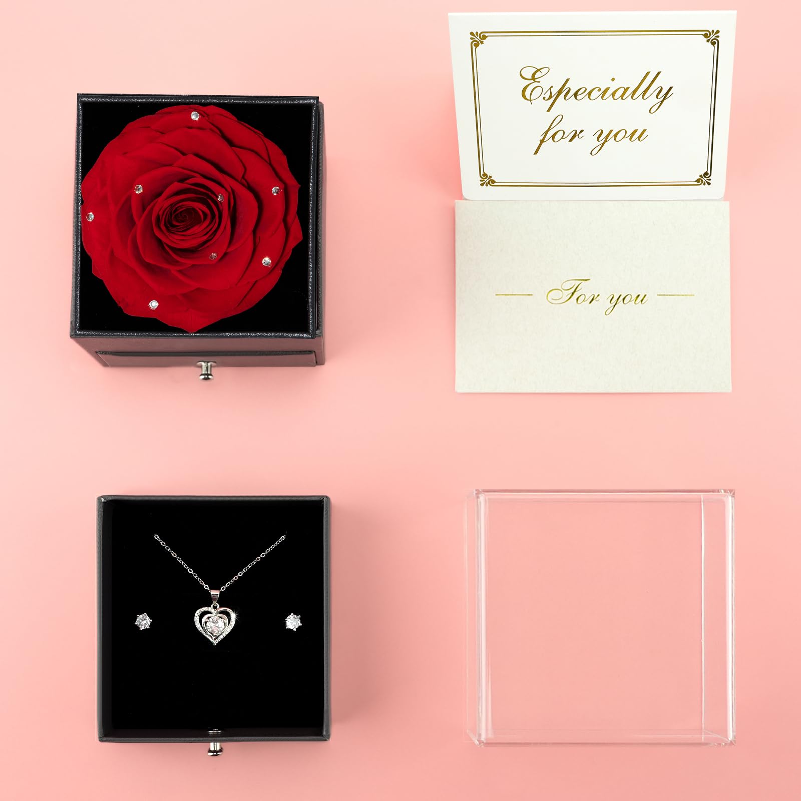 Sunia Rose Eternelle avec Bijoux Argent 925,Collier Coeur Boucles d'oreilles,Coffret Cadeau Femme,Rose Préservée avec Collier,Cadeau Anniversaire Femme,Amour Cadeau,Fete des Meres,Noël,Saint-Valentin