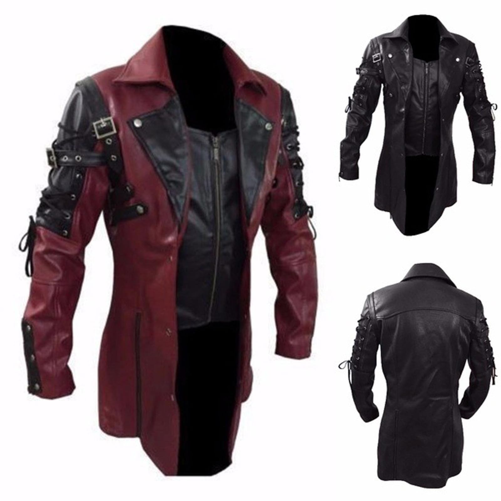 Steampunk Jacke Herren Biker Lederjacke Herren Vintage Motorrad Jacket Langarm Umlegekragen Mittelalter Mantel Gothic Punk Gehrock Kunstlederjacke Bikerjacke Oversize Cosplay Kostüm für Motorrad