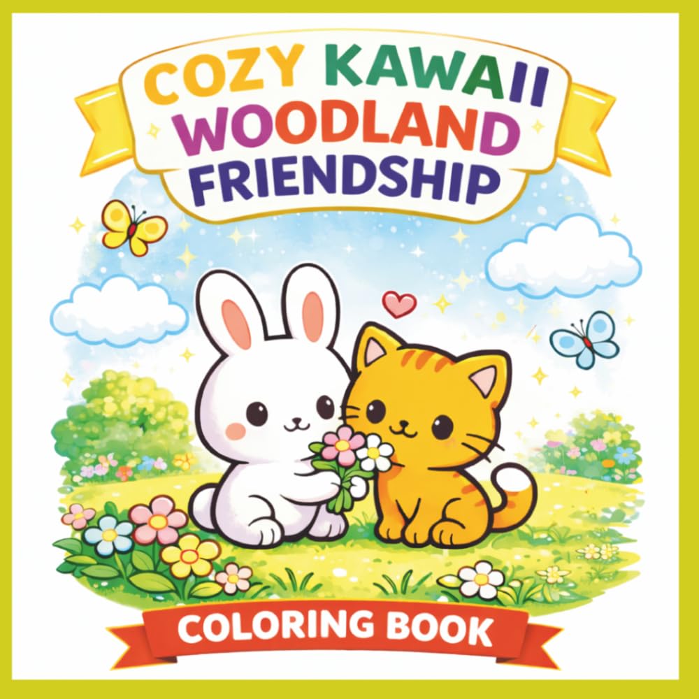 Cozy Kawaii Woodland Friendship Coloring Book: A Cute and Relaxing Coloring Book for Kids Age 4-8 Featuring Adorable Woodland Animals, Bunny and Kitten and Easy Fun Pages.