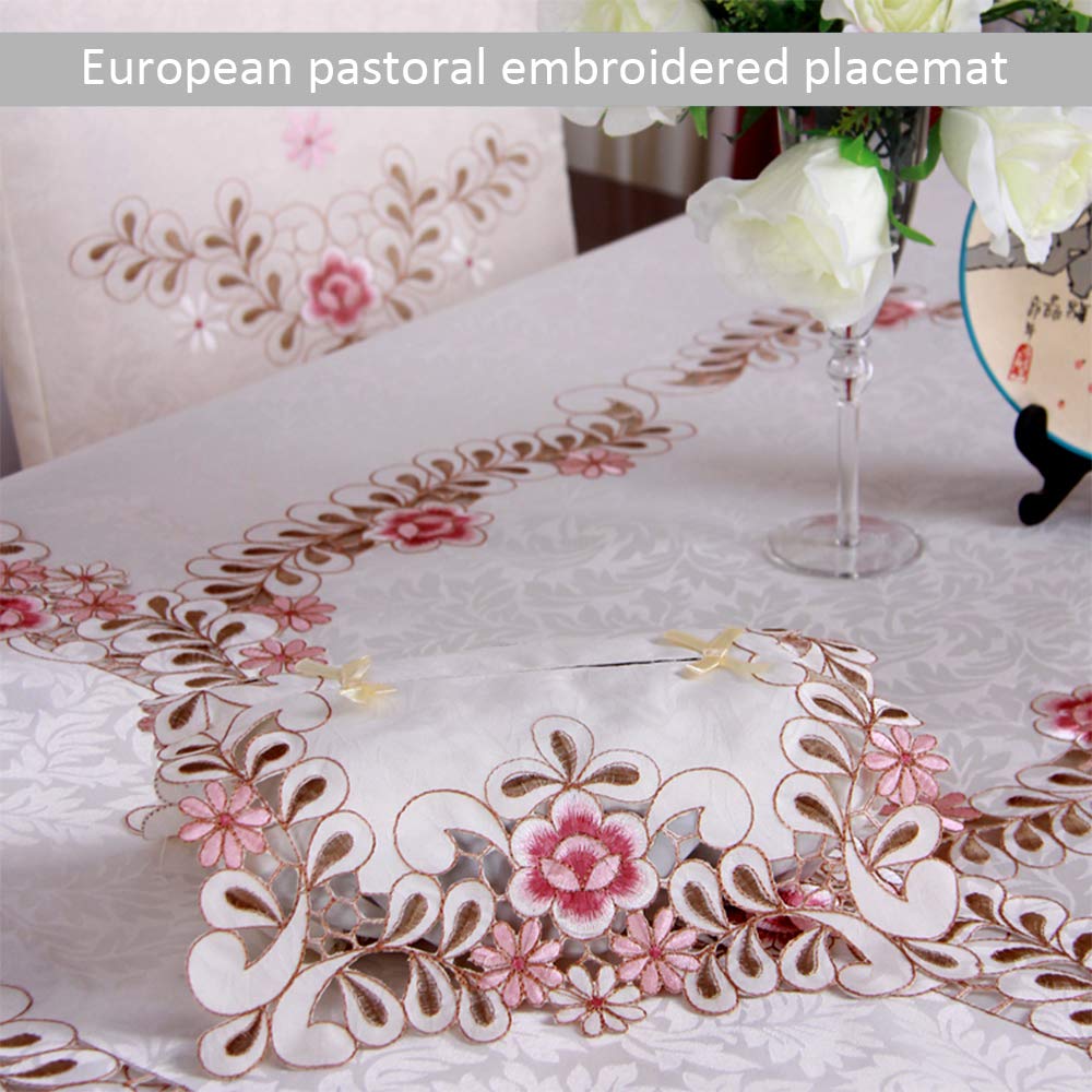 YOFASEN Rosa Runner Tavolo - 30x45cm Tovaglietta - Vintage Ricamato Disegno per Festa Matrimonio Banchetti Decorazione, 4pc Tovaglietta + 1pc Runner da Tavolo, Runner da Tavolo 40x150cm