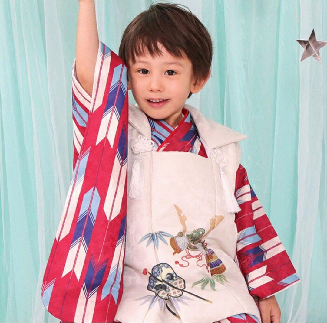 Amazon.co.jp: レトロ矢絣赤七五三 着物 被布 3歳男の子 6点