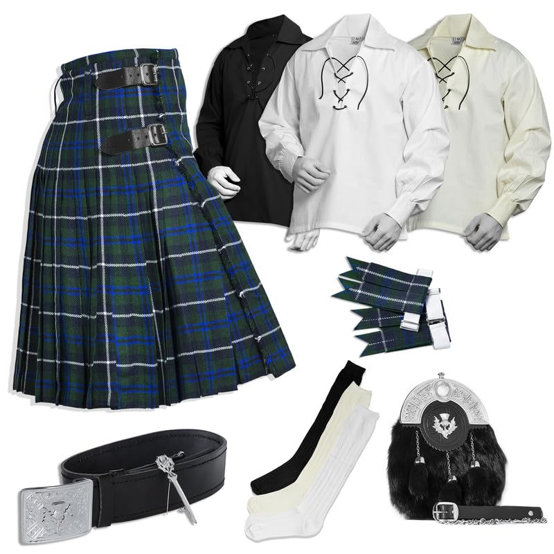 BELGLY Scottish Kilt for Men - 08 Pcs Kilt Accessories for Men, Scottish Outfit, Blue Douglas 48''