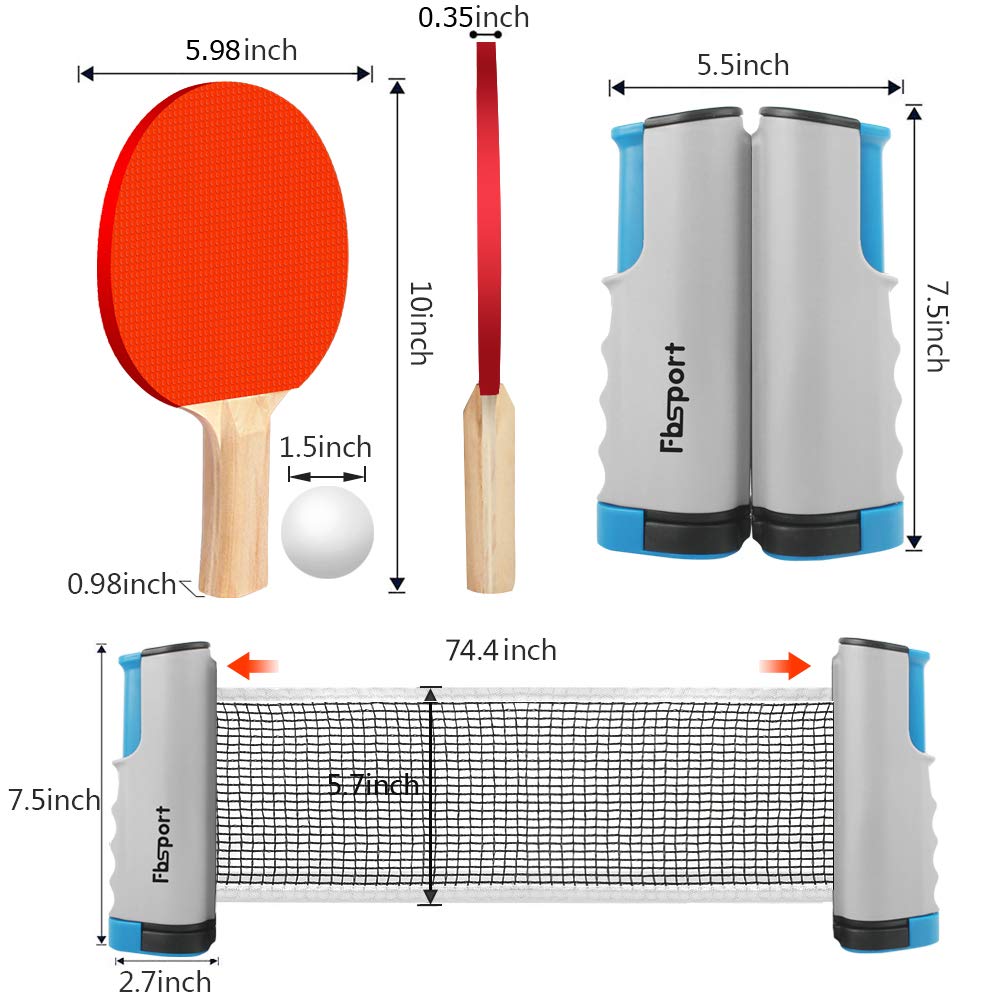 FBSPORT - Set di ping-pong portatile con rete retrattile, 2 racchette, 6 palle e borsa per il trasporto per bambini adulti giochi interni ed esterni, grigio