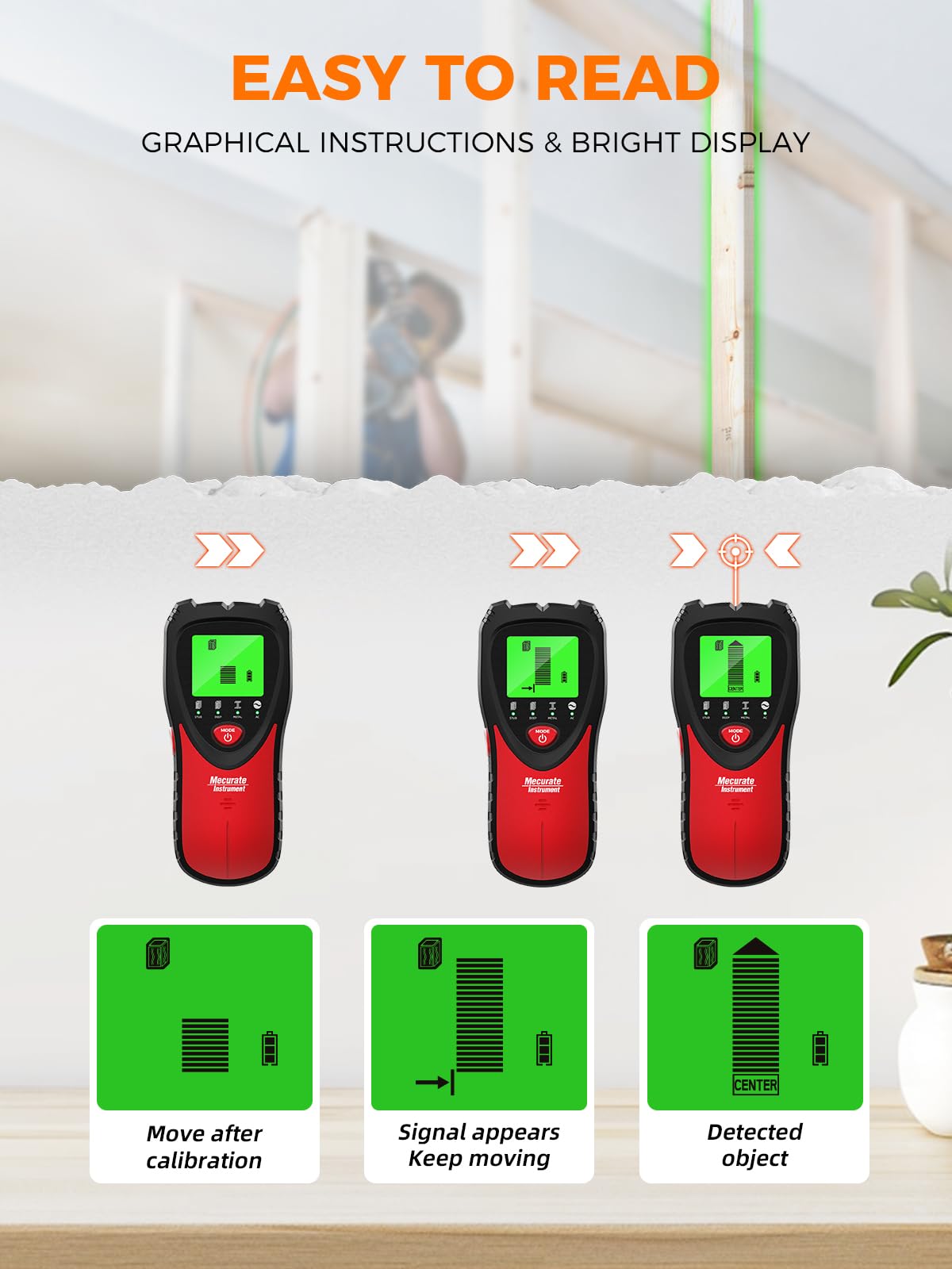 Mecurate 5-in-1 Stud Finder with LCD Display, Wall Scanner for Studs Metal, AC Wires Detection, Lightweight & Durable - Image 4