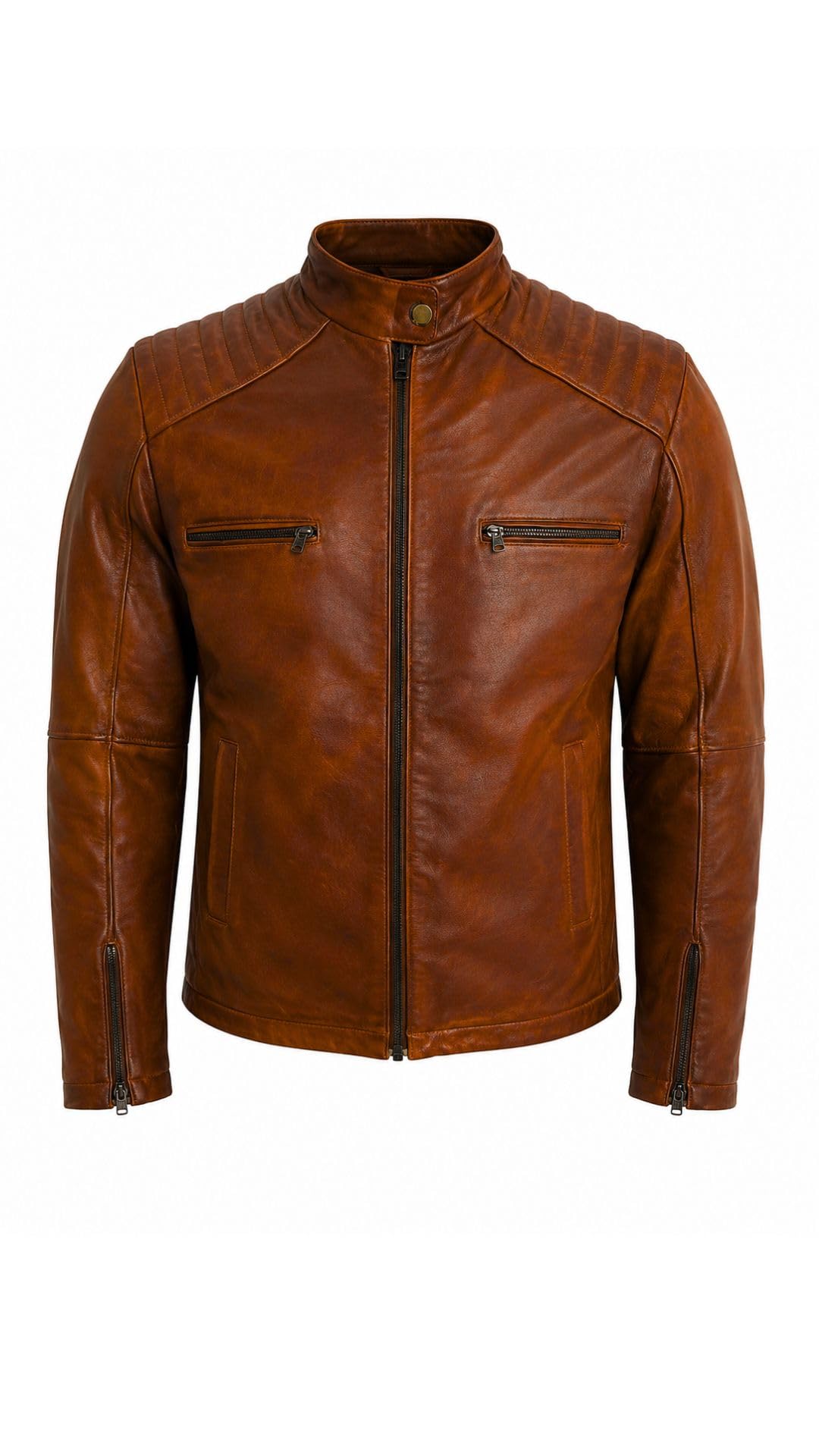 Flaps Up Men's Genuine Leather Biker Jacket Brown-picture-17
