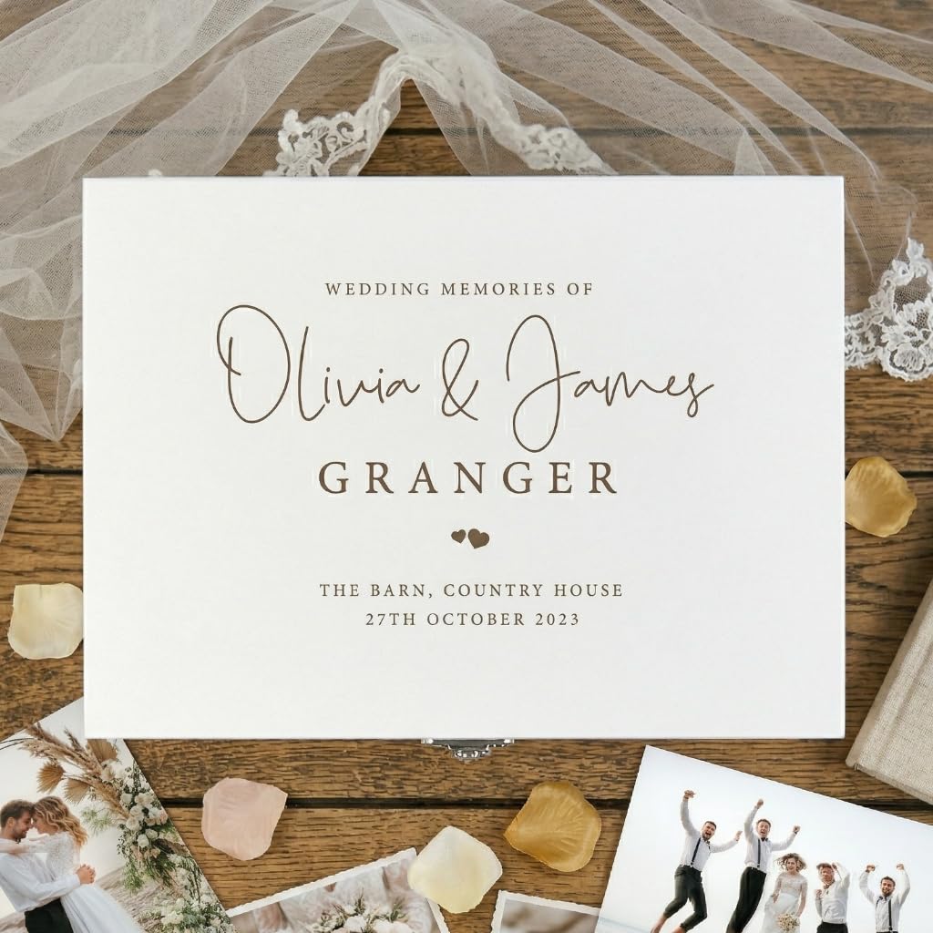 Caja de recuerdos de boda personalizada de madera blanca | Línea superior, nombres personalizados, apellidos, ubicación y fecha | regalo de boda | 30 cm x 23 cm x 18 cm