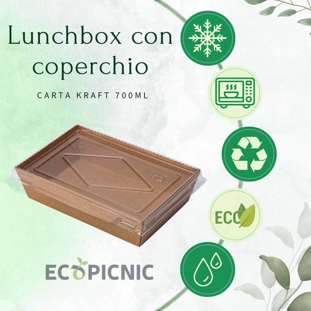 Lanchbox in Carta Kraft con Coperchio Trasparente 700 ml - Confezione da 200 Pezzi | Scatole per Alimenti da Asporto, Contenitori Monouso per Cibo, Scatole Ecologiche