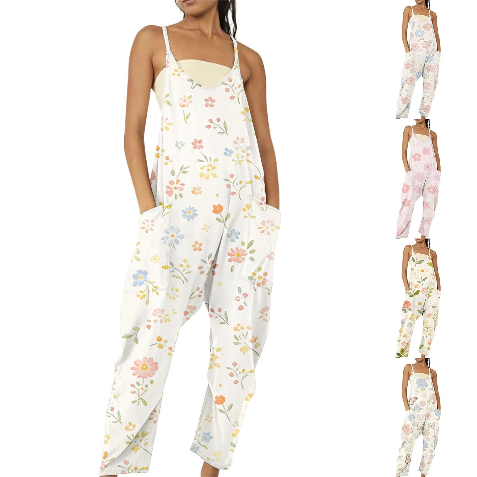 Generisch Tuta estiva da donna, lunga, senza maniche, con salopette | motivo floreale, pagliaccetto con tasche, gambe larghe, per il tempo libero, elegante, per tutti i giorni, vacanze