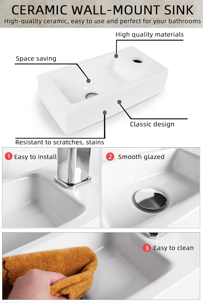 QUXIJA Ceramic Liberty Wall Mount Sink, Rectangle Small