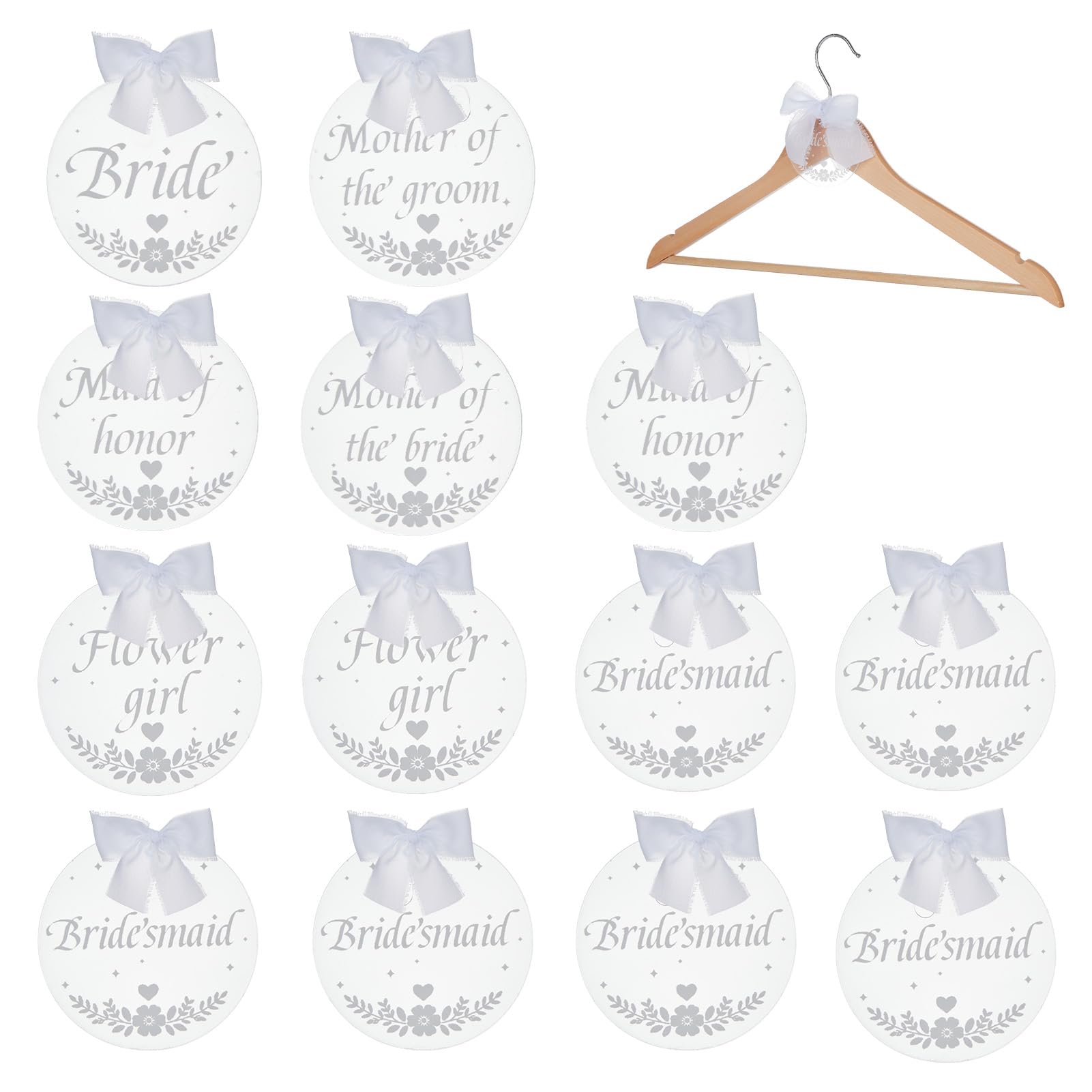 NICENEEDED 13 PCS Bridesmaid Hanger Tags with 5m White Ribbons, Acrylic Round Hangers Tag Gifts for Bride, Maid of Honors Tags Wedding Dress Luggage Bachelor Party