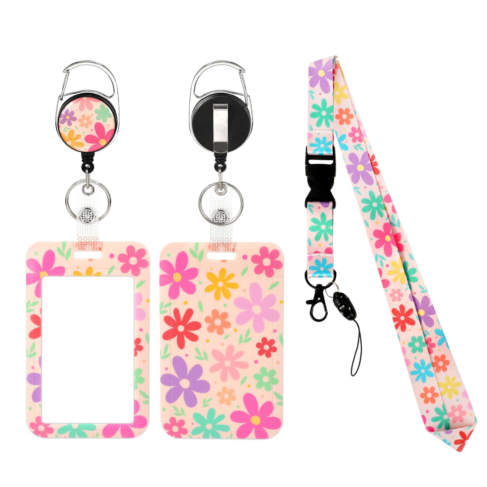 Lanyard with Card Holder, Colourful Floral ID Badge Holder Retractable Badge Reel, ID Card Protector Cute Breakaway Lanyard for Women Office Teacher Nurse Student