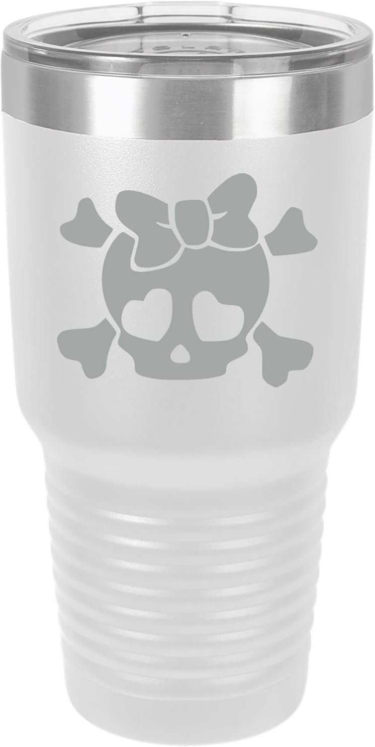 Tumbler Stainless Steel Vacuum Insulated Travel Mug Heart Skull Bow (White, 20 oz)