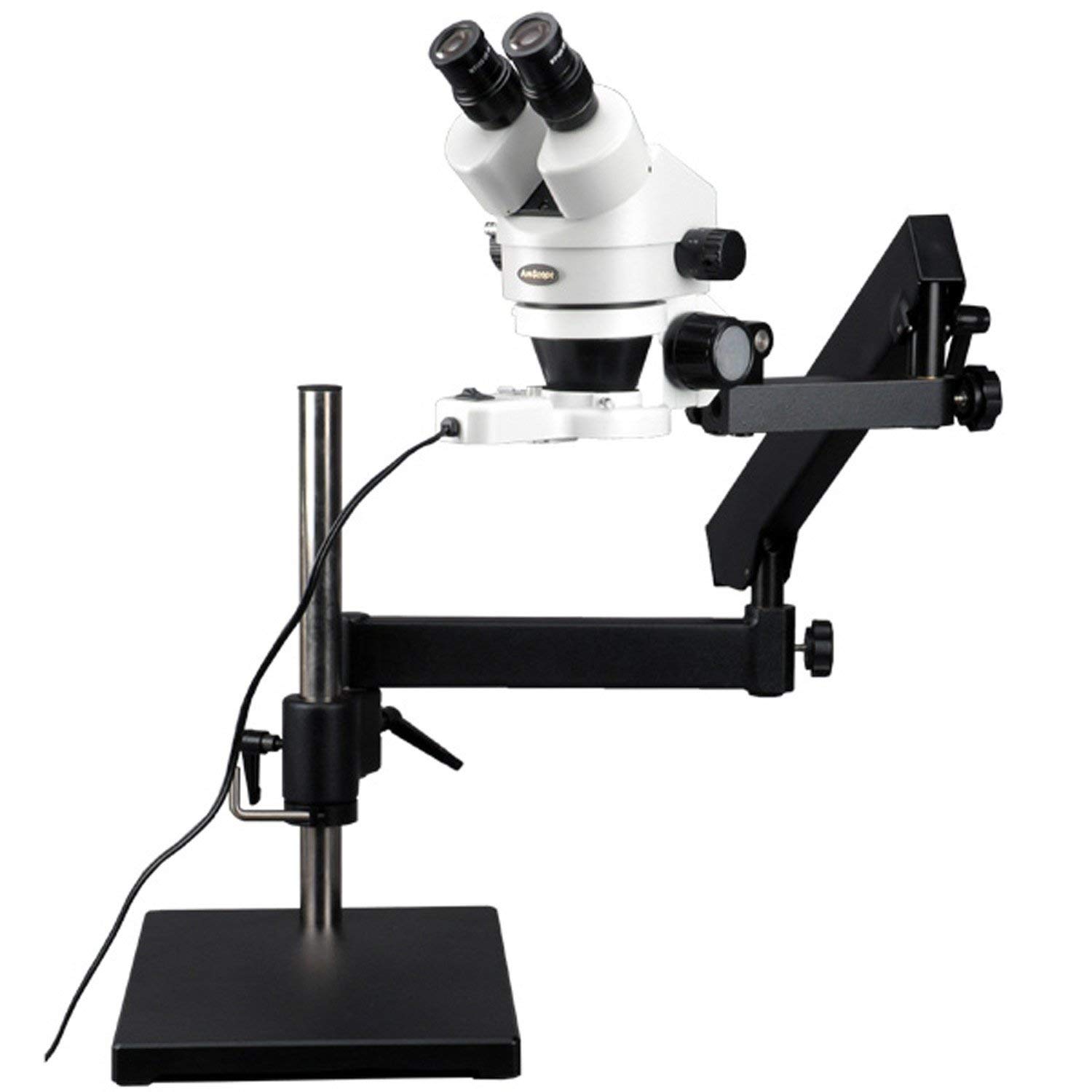 AmScope SM-7B-FRL Professional Binocular Stereo Zoom Microscope, WH10x Eyepieces, 7X-45X Magnification, 0.7X-4.5X Zoom Objective, 8W Fluorescent Ring Light, Articulating-Arm Boom Stand, 110V-120V