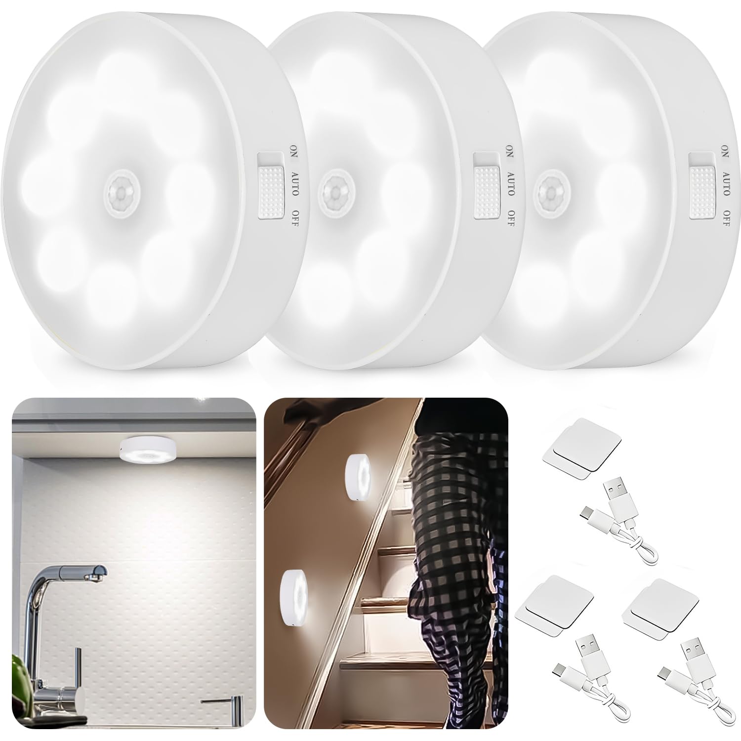 3PCS Motion Sensor Lights, USB Rechargeable LED Night Light with Magnet,Led Light for Indoors,Night Light for Lobby,Basement,Garage,Bathroom,Wardrobe,Kitchen,Stairs,Stop Light (White)-image-22