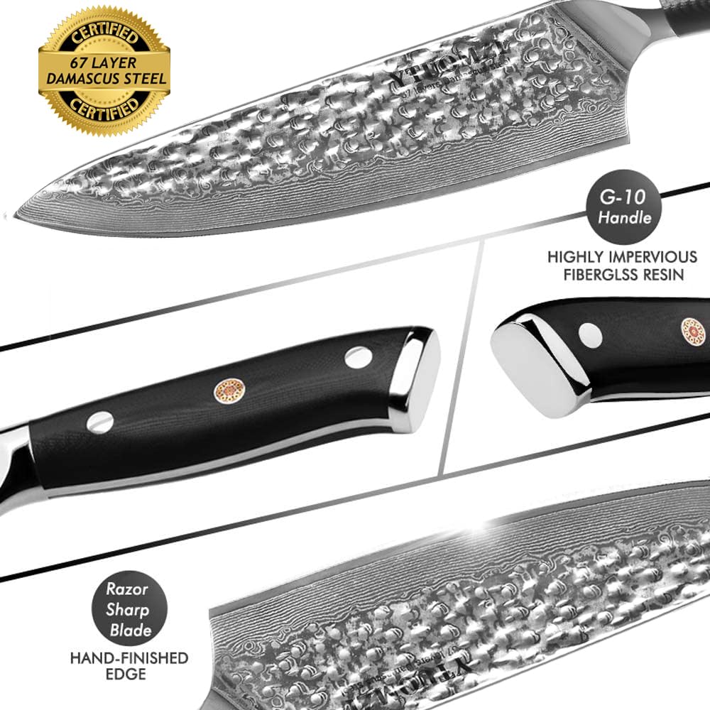 Damascus Chef Knife, 8-inch Damascus Steel Chef's Knife VG10 Forged Kitchen Knife High Carbon 67-Layer Hammered Damascus Cooking Knife, Meat Fruit Vegetable Gyuto Knife w/Ergonomic G10 Handle — Amazon image 4