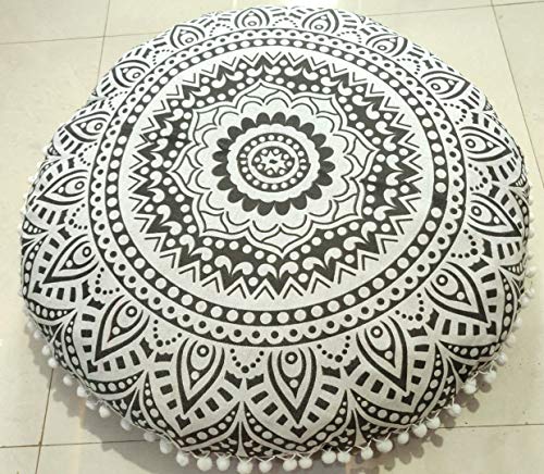 INDIAN CRAFT CASTLE 24\" Grey Ombre Mandala Barmeri Large Floor Pillow Cover Cushion Meditation Seating Ottoman Throw Cover Hippie Decorative Zipped Bohemian Pouf Ottoman Pom Pom Cases 24\" Round