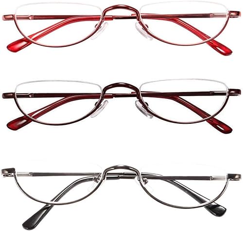 Miniatura 6 de KoKoBin Lentes de lectura de media lectura, 2 pares de lentes de marco de metal con montura de media punta, lectores de bisagra de resorte para