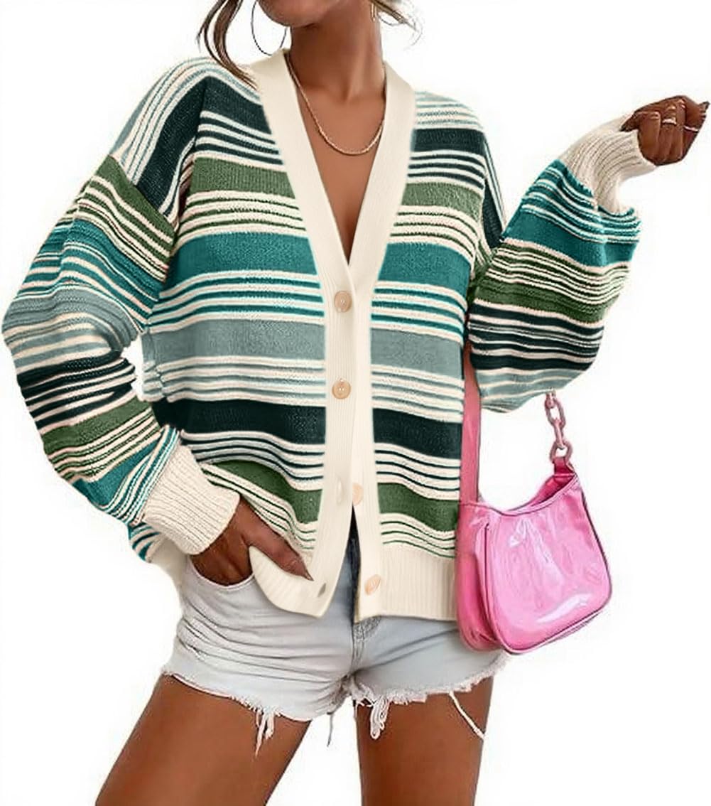 CHARTOU Women Contrast Striped Cardigan Sweaters Button Down V Neck 2025 Fall Sweaters Tops