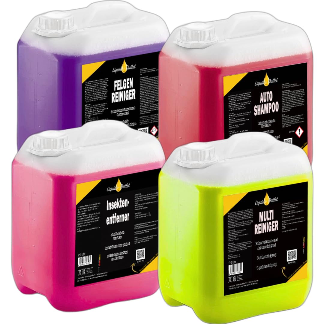 Liquid Outlet Reinigungsset – Autoshampoo, Felgenreiniger, Insektenentferner & Multireiniger je 5L Konzentrat – Für Lack, Felgen, Innenraum & Polster – Auch für Nasssauger & Blowguns