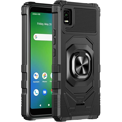 Compatible with Cricket Debut Smart Case (2022) with Tempered Glass Screen Protector, Full-Body Protective [Military-Grade], Magnetic Car Ring Holder Durable Case (Black)