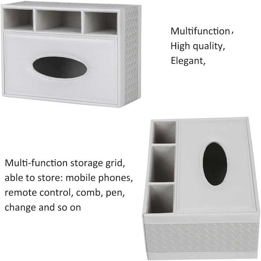 KISSTAKER Multifunction PU Leather Pen Pencil Remote Control Tissue Box Cover Holder Desk Storage Box Container for Home and Office Use (White)